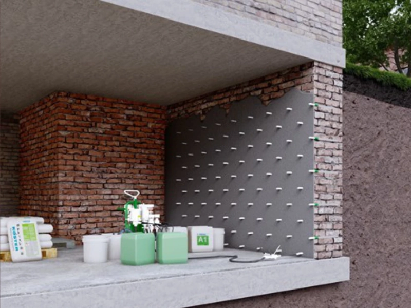 Gel-Schleierinjektion an einer Kelleraussenwand von innen
